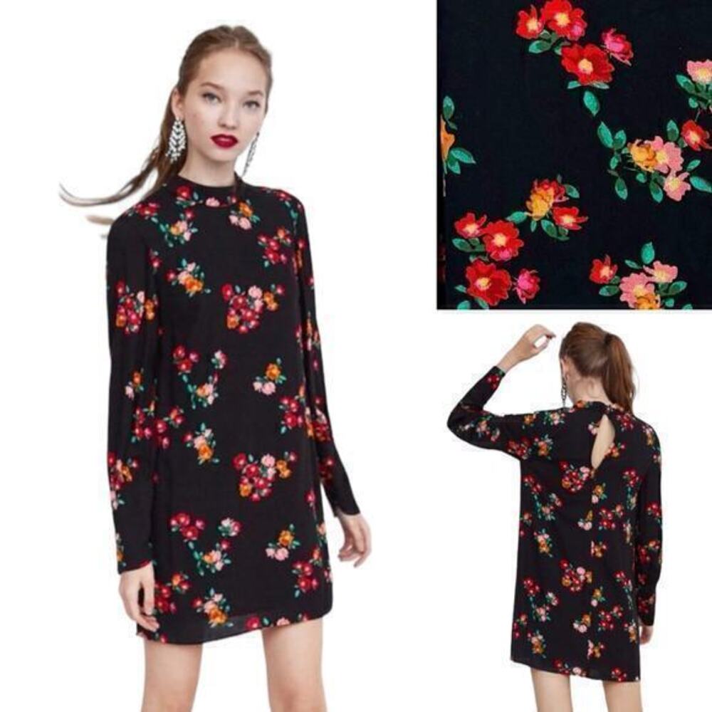 Zara Long Sleeve Floral Dress Black Size M‎